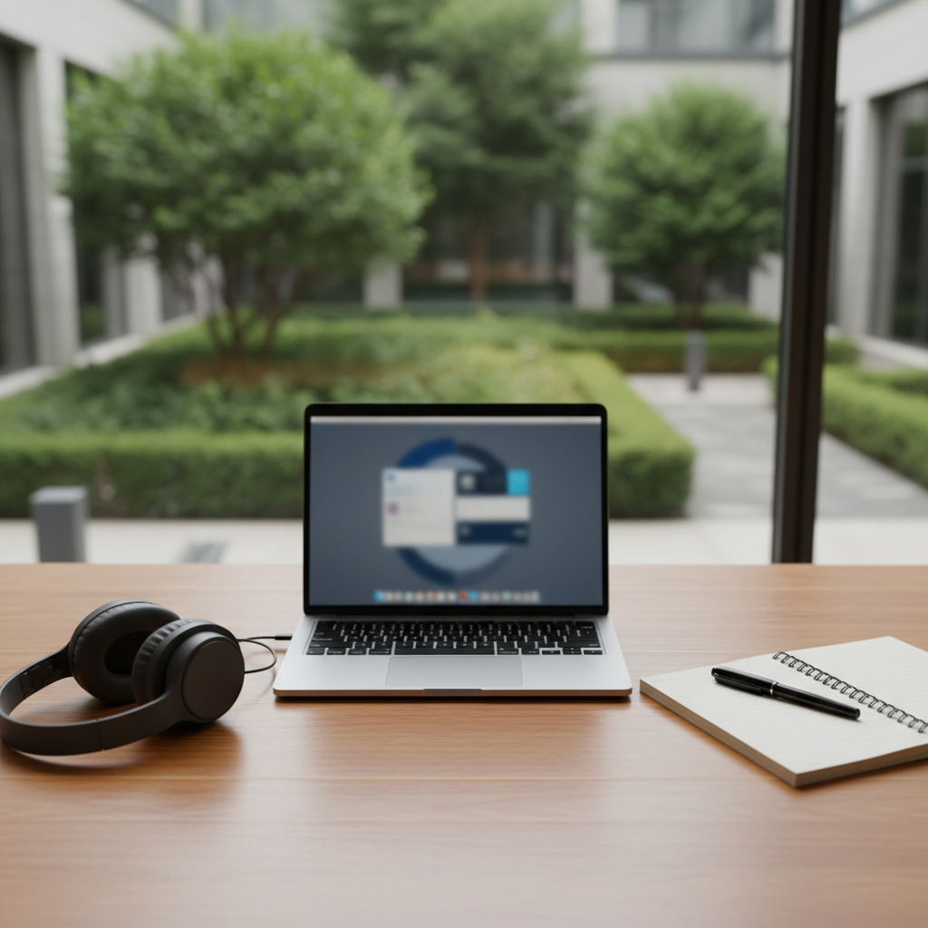 A close-up of a polished wooden desk with a slim, silver laptop displaying a blurred interface, a spiral-bound notebook open with a pen resting diagonally, and a pair of noise-cancelling headphones laid gently to the side. In the background, through a wide window, an out-of-focus courtyard with greenery suggests work-life balance. Soft overcast daylight diffuses across the surface, eliminating harsh contrasts and creating a calm, even illumination. Shot from a slightly elevated angle in photographic realism, the composition emphasizes clean lines and modern minimalism, suggesting focused remote work, flexible staffing solutions, and a human-centered approach to productivity and concentration.