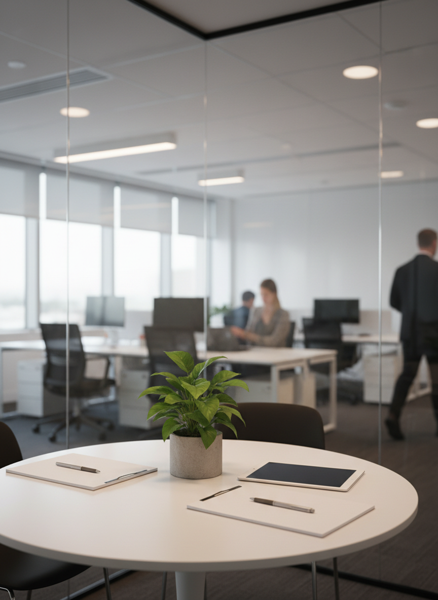 A glass-walled interview room with a round, matte white table holding two neatly arranged notepads, matching pens aligned parallel, a tablet with a blank screen, and a small, healthy green plant in a simple concrete pot. Beyond the glass, a softly blurred open office hints at activity. Natural daylight mixes with discreet warm ceiling lights, creating a balanced, professional illumination and soft reflections on the glass surfaces. Photographic realism, shot from just outside the room at a slight angle to reveal depth and transparency. The composition uses asymmetrical balance to frame the table as a place for honest conversations, fair assessment, and respectful meetings between companies and temporary staff.
