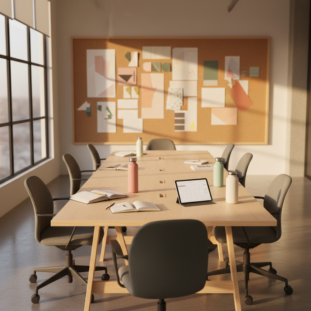 An airy co-working space with a long, shared workbench in pale birch, populated by unattended ergonomic chairs, open notebooks, a tablet with a digital calendar faintly visible, and reusable water bottles in muted colors. A corkboard wall in the background is filled with abstract shapes and color swatches standing in for project plans. Golden hour sunlight streams through large side windows, casting warm, elongated shadows and a gentle glow across the scene. Captured at eye level in photographic realism with moderate depth of field, the composition leads the eye from front to back, conveying dynamic collaboration, flexible staffing, and a welcoming atmosphere without any human figures.