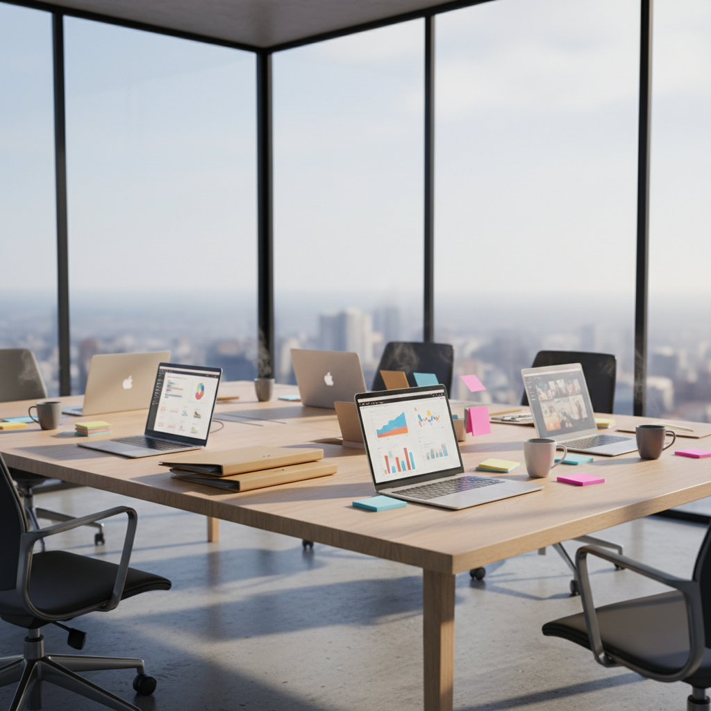 A sleek, modern meeting table made of light oak with a subtle matte finish, surrounded not by people but by open laptops, neatly stacked folders, color-coded sticky notes, and ceramic mugs with faint steam rising. The table sits in a bright, glass-walled office with a cityscape softly blurred beyond. Late-morning natural light pours in from tall windows, creating gentle reflections on the laptop screens and delicate shadows along the table edge. Photographic realism at eye level, composed using the rule of thirds, with a shallow depth of field that keeps the table in crisp focus while the background fades into a calm, professional softness, evoking trust, connection, and collaboration without appearing staged.