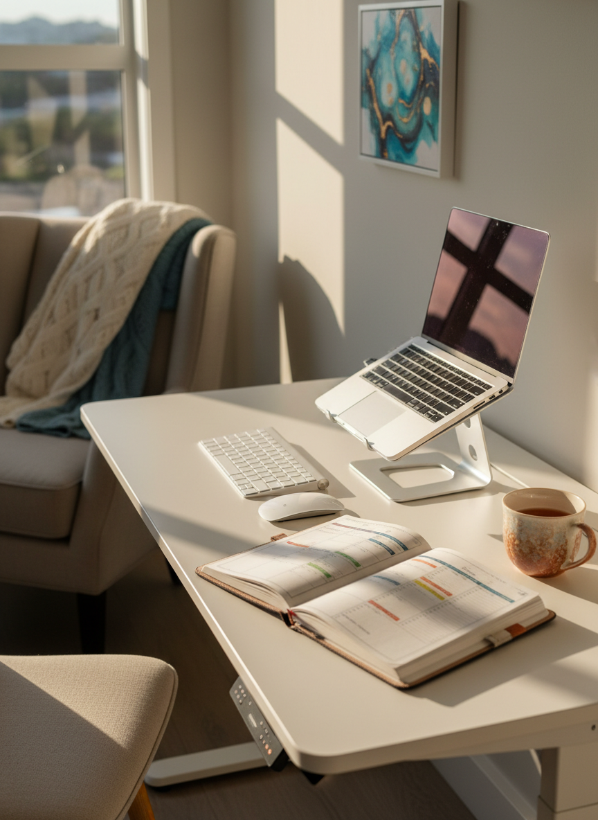 A tidy home office corner featuring a height-adjustable desk in white, a laptop on a slim stand, a wireless keyboard, and a calendar planner open to a weekly overview with color-coded blocks. Beside it, a ceramic cup of tea and a small framed abstract artwork add warmth. A large nearby window lets in soft afternoon light, casting gentle, diagonal shadows across the desk surface and making the planner pages glow slightly. In the background, a comfortable armchair and a folded blanket are softly out of focus, suggesting balance between work and personal life. Photographic realism, eye-level composition, clean and modern aesthetic, conveying the flexibility and well-being that a considerate staffing agency promotes.